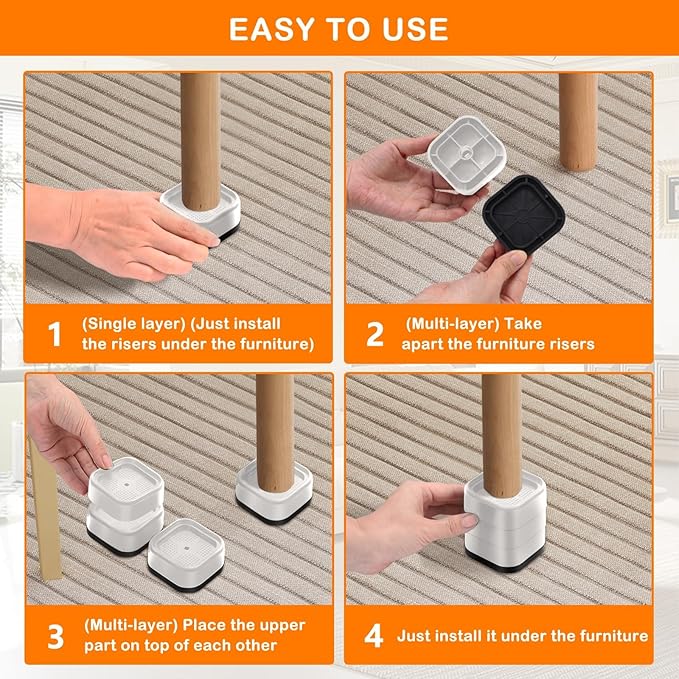 shouwuhho 6 Pack Furniture Risers Adjustable Bed Risers Heavy Duty Lifts Height 1", Square Stackable Bed Risers 1, 2 or 3 Inch for Desk Leg Table Couch Sofa Chair Bed Frame Legs Dorm, White