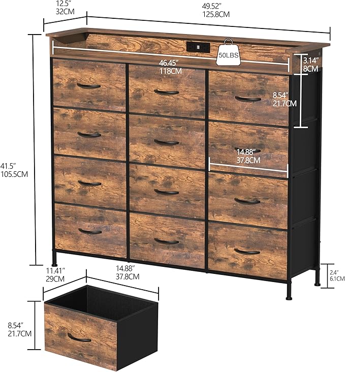 Welfuturer Dresser for Bedroom with 12 Drawers Clothes Dresser with Charging Station and LED Light Fabric Storage Tower for Living Room Hallway Closet Sturdy Steel Frame Wooden Top Rustic Brown