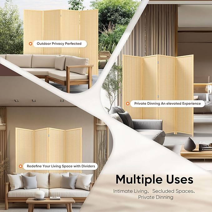 JOSTYLE Room Divider 4 Panel Folding Privacy Screen, Bamboo Room Divider Screen - 6 ft. Tall Wall Divider for Room Separation Freestanding Partition Separators, Beige