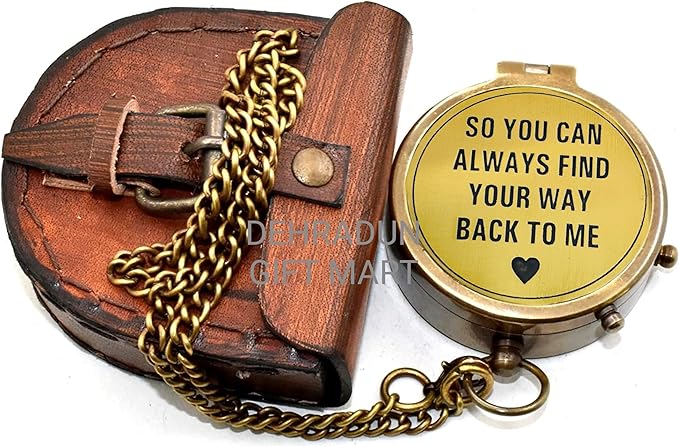 So You Can Always Find Your Way Back to Me Vintage Brass Compass with Chain & Wooden Box – Engraved Nautical Pocket Compass Inspirational Travel Keepsake Couple Gifts