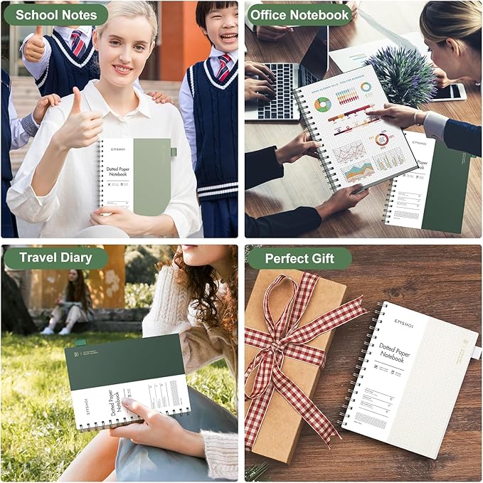 EMSHOI Spiral Notebook B5 Bullet Dotted journal, Dotted Grid Notebook with 300 Pages, 100gsm Thick Paper, 7.48" × 10.15", Waterproof Softcover Notebook for School Work Writing - Light Green