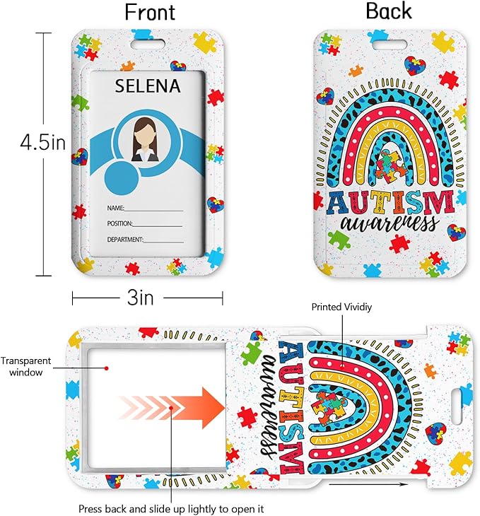 ID Badge Holder with Lanyard, Autism Awareness Retractable Badge Holders Reels, Rainbow Breakaway Lanyards Keychain, Cute ID Holders for Women Teacher Nurse Nursing Doctor Student