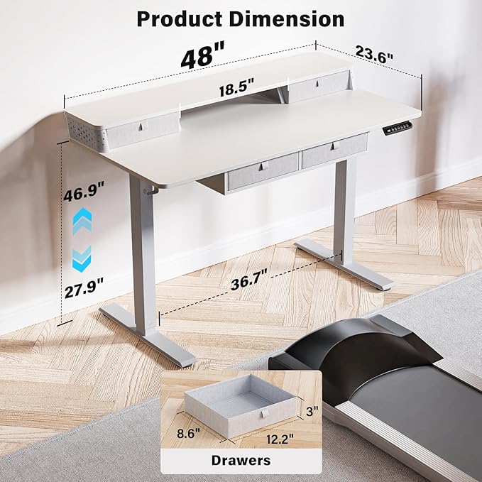 Kingant 48 x 24 Inch Electric Standing Desk with 4 Drawers, Height Adjustable Sit to Stand Computer Desk with Storage Shelf and C-Clamp Mount Compatibility for Home Office, White