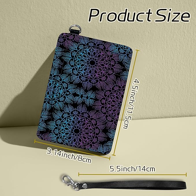 BWEGRHE Small Travel Wallets, Purple Blue Mandala Slim Minimalist Front Pocket Wallet with Wristlet, RFID Blocking PU Leather Credit Card Holder with ID Window Change Purse for Men Women