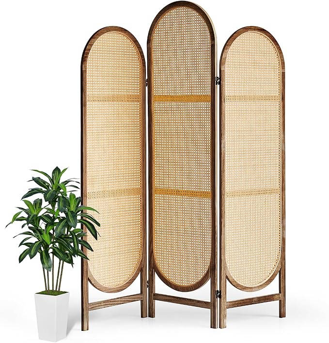 Asnefeli Wood Room Divider 3 Panels, Folding Rattan Room Divider Wall, Unique Design Folding Portable Partition Screen, Foldable Privacy Screen Wall Divider for Home Office Restaurant Bedroom (Brown)