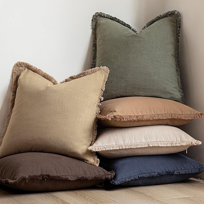 Foindtower Set of 2 Decorative Linen Fringe Lumbar Throw Pillow Covers Farmhouse Cushion Cover with Tassels Soft Accent Pillowcase for Couch Sofa Bed Living Room Home Decor,12×20 Inch,Reddish Brown