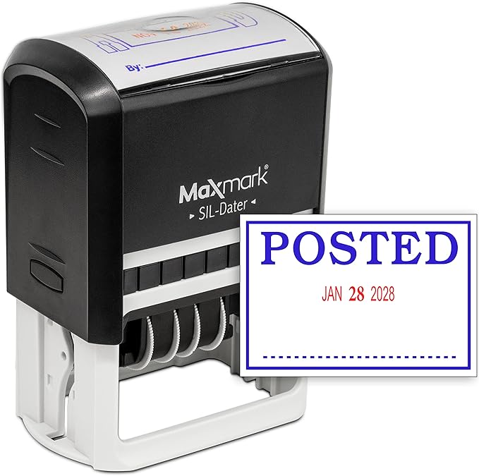 MaxMark Large Self-Inking Rubber Date Office Stamp with Posted Phrase & Date - Blue/Red Ink, 12-Year Band - Style 3