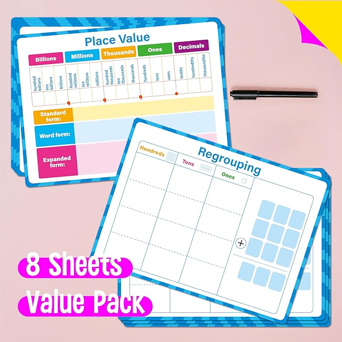 8 Packs Place Value Whiteboards, Double Sided Dry Erase Card Writable and Erasable Math Learning White Board for Kids, Students, Classroom and Home (Each Measures 12” x 9”)