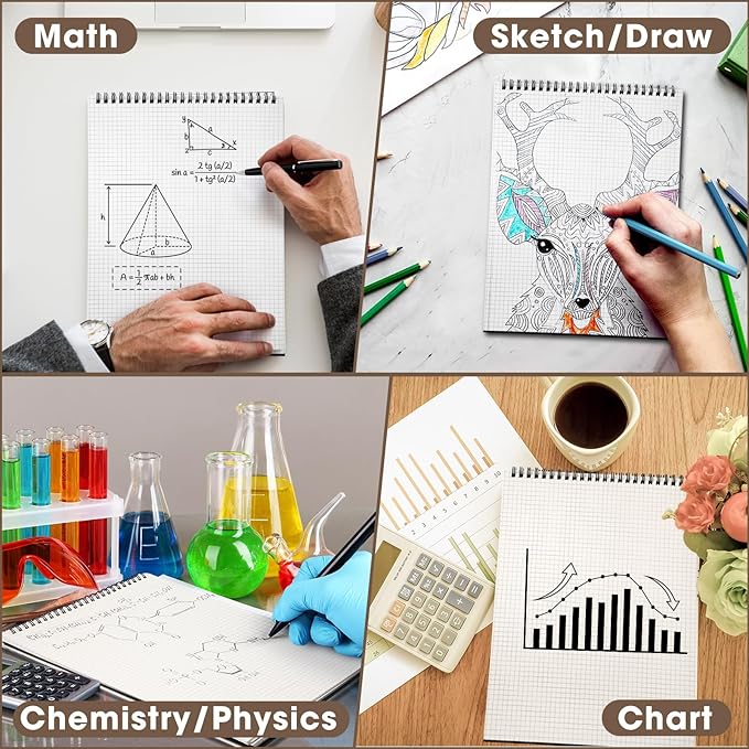 Engrowtic 6 Pack Top Spiral Graph Paper Notebooks 8.7 X11.4 Inch A4 Grid Paper Notepad 70 Sheet Memo Steno Pad for Engineering Writing Sketching Drawing School Office Supplies (Black)