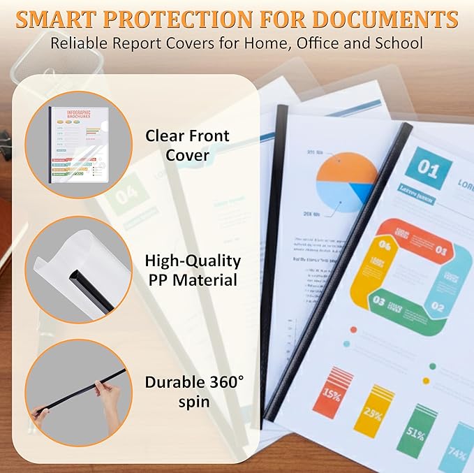 5 Pack Report Covers with Sliding Bar - Clear Plastic Presentation Folders for A4 & Letter Size Paper, 70 Sheet Capacity File Document Binder for School, Office, Resume & Business Use