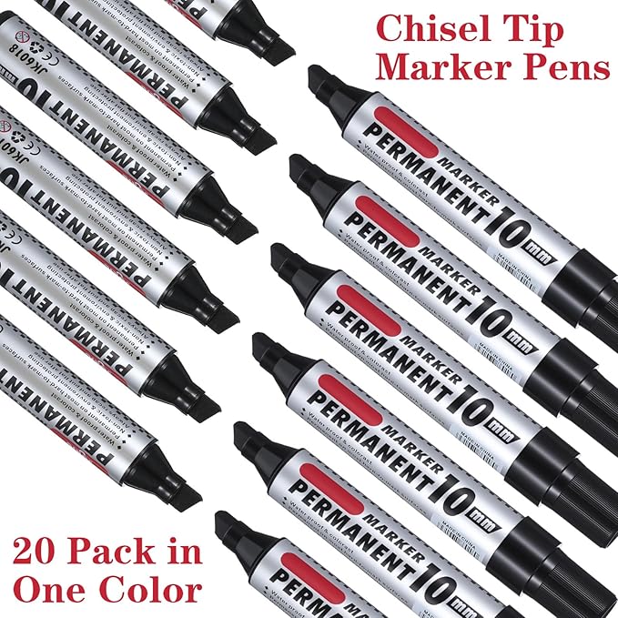 AojSup 20 Pack Jumbo Size Permanent Markers Bulk Permanent Markers Set Chisel Tip Pens Waterproof for Industrial Use Work on Wood Metal Plastic Stone Glass (Black)