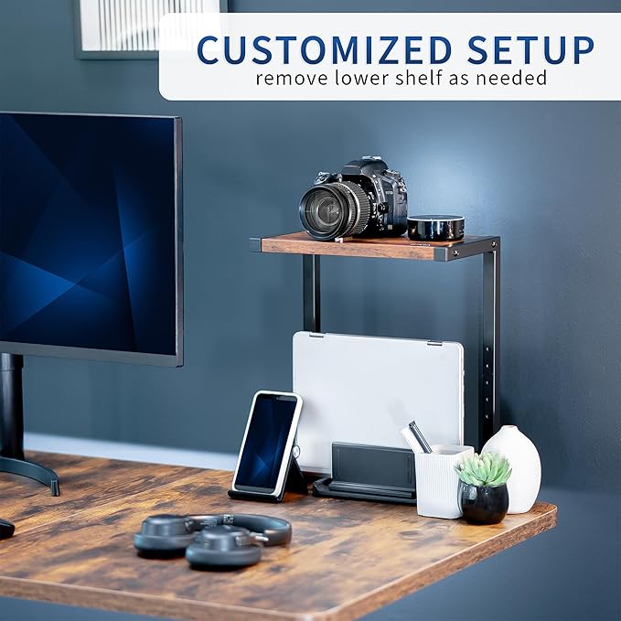 VIVO Clamp-on 13 inch Above or Below Desk 2-Tier Shelving Unit for Table Accessories, Gaming Devices, and More, Storage Tray, Desktop Organizer, Rustic Vintage Brown, STAND-SHELF2C-N