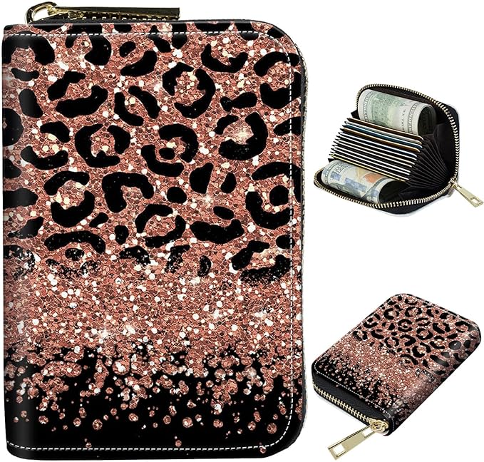 BWEGRHE Cute Credit Card Holder with Zipper, Leopard Glitter RFID-Blocking Card Case Small Wallet for Women Men, Multi-slot Card Organizer Case Travel Accordion Wallet