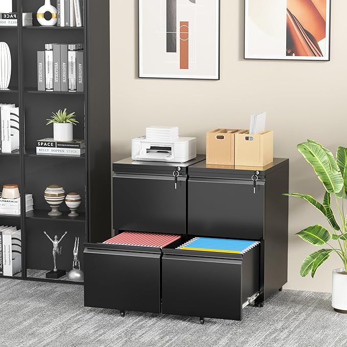 INTERGREAT 2 Drawer File Cabinet with Wheels, Metal Filling Cabinet with Lock, Locking Office Mobile Cabinet with Wheels for Legal/Letter Size, Under Desk, Easy Assemble, Black