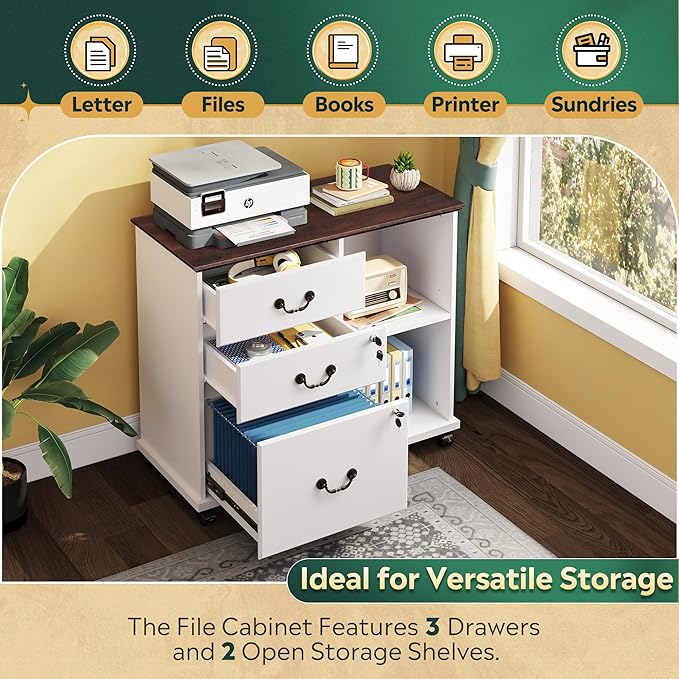 DEVAISE 3 Drawer File Cabinet,Wood Lateral Filing Cabinet with Lock & Charging Station,Rolling Printer Stand with Storage for Home Office,White