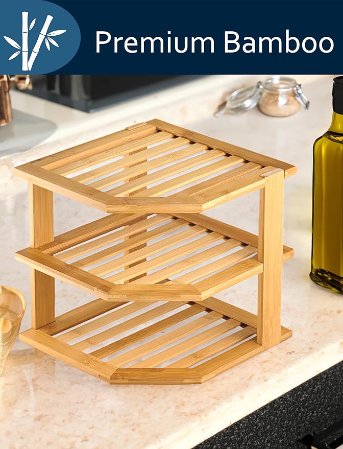 RoyalHouse Bamboo 3-Tier Corner Shelf Organizer for Countertop & Kitchen Cabinet, Space Organizer for Kitchen and Bathroom