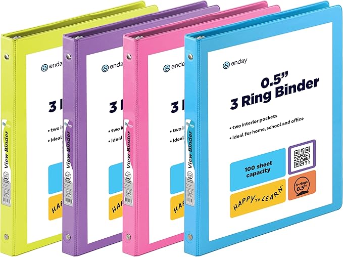 ½ Inch 3 Ring Binder .5 inch Clear View Cover with 2 Inside Pockets, Colored School Supplies Office and Home Binders - Assorted Colors May Vary (4 Pack) – by Enday