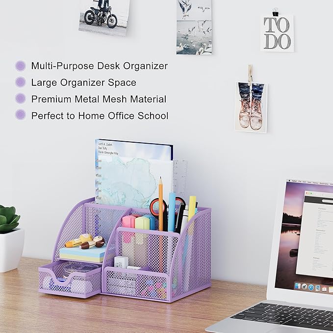 EasyPAG Mesh Desk Organizer with Drawer Multi-functional Pen Holder Stationery Organizer for Office School Supplies 6 Compartments Dorm Organizers and Storage for Desk, Light Purple