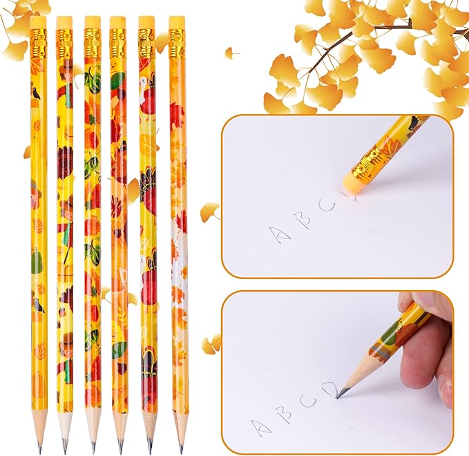 Kolewo4ever 100 Pieces Thanksgiving Pencils Assortment Cylinder Wood Pencil Maple Leaf Autumn Turkey Pencil For Thanksgiving Pumpkin Autumn Gift,6 Styles