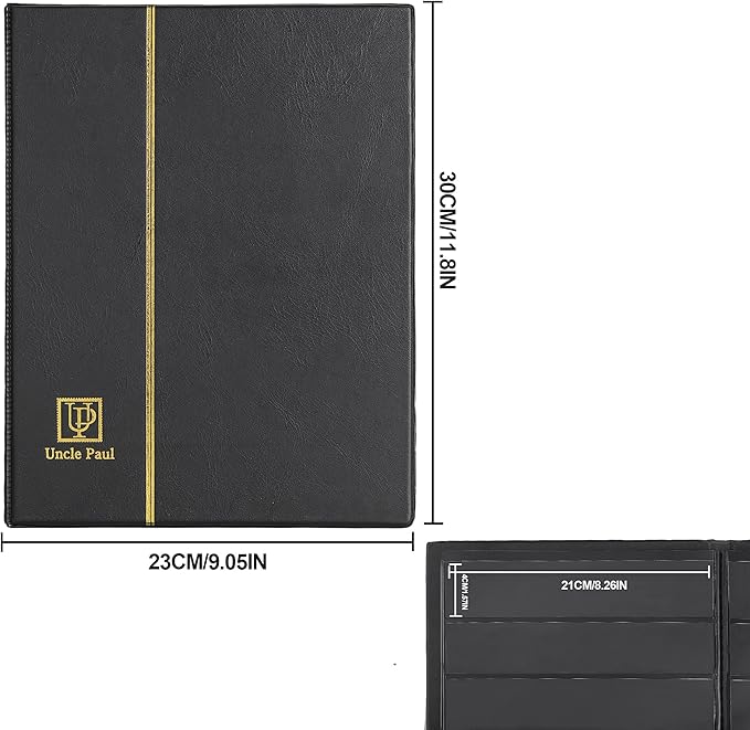 Stamp Albums 120 Pockets - Stockbooks with 40x197mm Sleeves, 10 Double Sided Black Page with Leatherette Padded Black Cover, Collection Storage Folder for Paper Money Postage Stamps AS0106BK