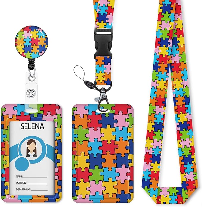 ID Badge Holder with Breakaway Lanyard, Lanyards for ID Badges Name Tags ID Card Holder, Cute Badge Reel Badge Clip Retractable, Autism Awareness Gifts
