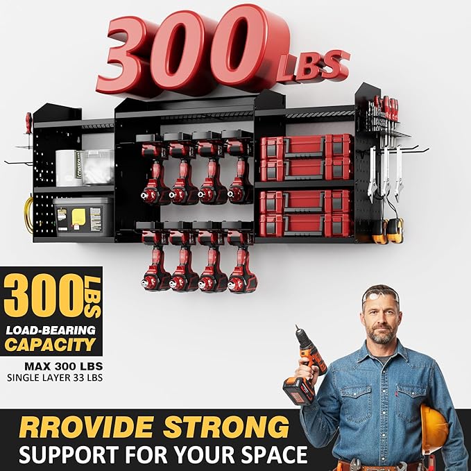 VDEVY Power Tool Organizer Wall Mount with Charging Station, Heavy-Duty Metal Garage Tool Storage Rack & 8 Outlet Power Strip, 51 Inch 3 Tier 8 Bin Shelves for Workshop Organization