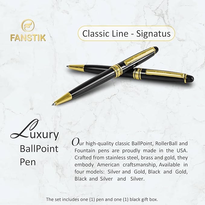 FANSTIK Customized BallPoint pen with name (MADE IN USA), stainless steel, black and gold, luxury engraved pen personalized for men and for women. (BallPoint Black-Gold)