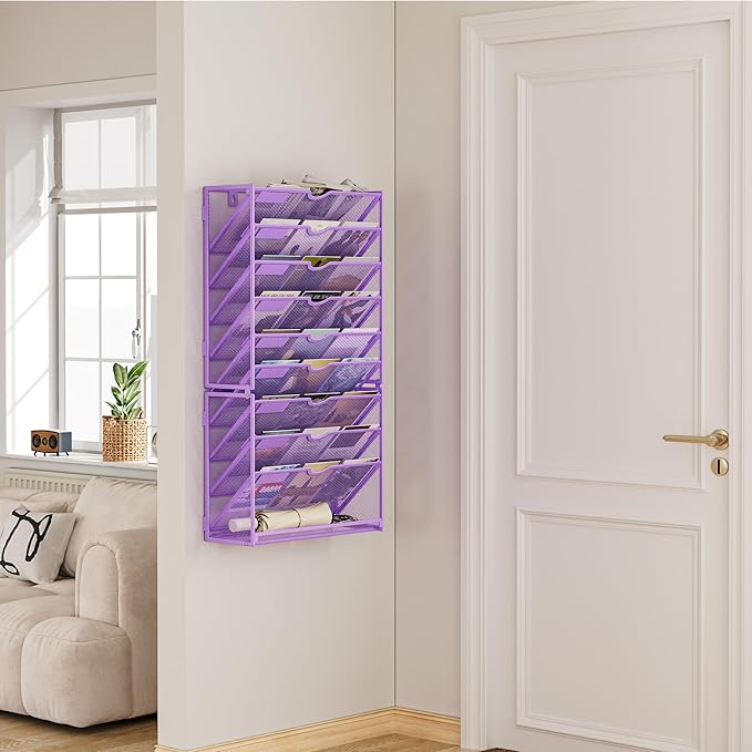 Lavatino Hanging Wall File Folders Organizer - 10-Tier Purple Metal Mesh Paper Magazine Document Mail Holder File Organizer for Office School Home Wall Mount or Desk Supplies Organization