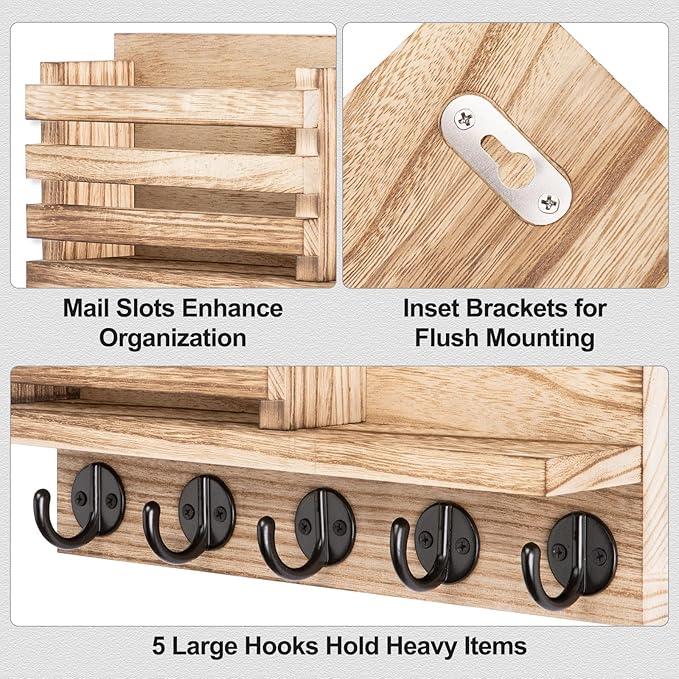 Lwenki Key Holder for Wall – Decorative Wooden Mail Holder and Key Shelf with Mounting Hardware, Installation Guide – Paulownia Wood with 5 Metal Key Hooks (11.8” x 6.7” x 2.8”)
