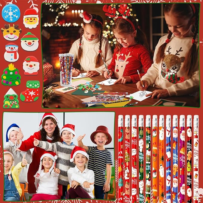 JULMELON 72PCS Christmas Party Favors Set, 36PCS Christmas Pencils with 36PCS Snowman Snowflake Santa Erasers, Pencils for School Classroom Winter Holiday Party Reward Supplies