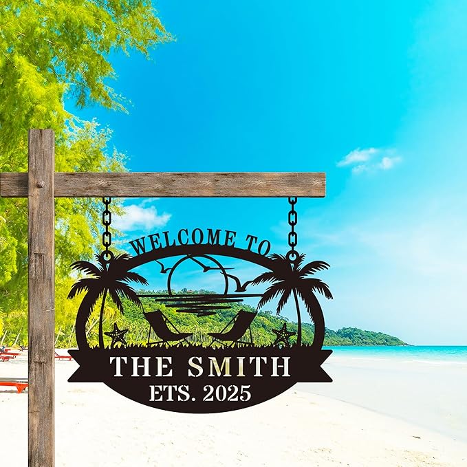 Custom Metal Coastal Beach House Welcome Sign, Personalized Patio and Pool Sign, Ocean Room Wall Art, Outdoor Coastal Decor