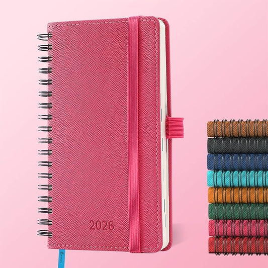 IN-LUXPRO Planner 2026 Daily Weekly and Monthly,6.5"x3.75",12 Months Spiral Bound Calendar Agenda with Self-adhesive Pen Holder,2026 Appointment Book with Vegan Leather Soft Cover,Rose Red