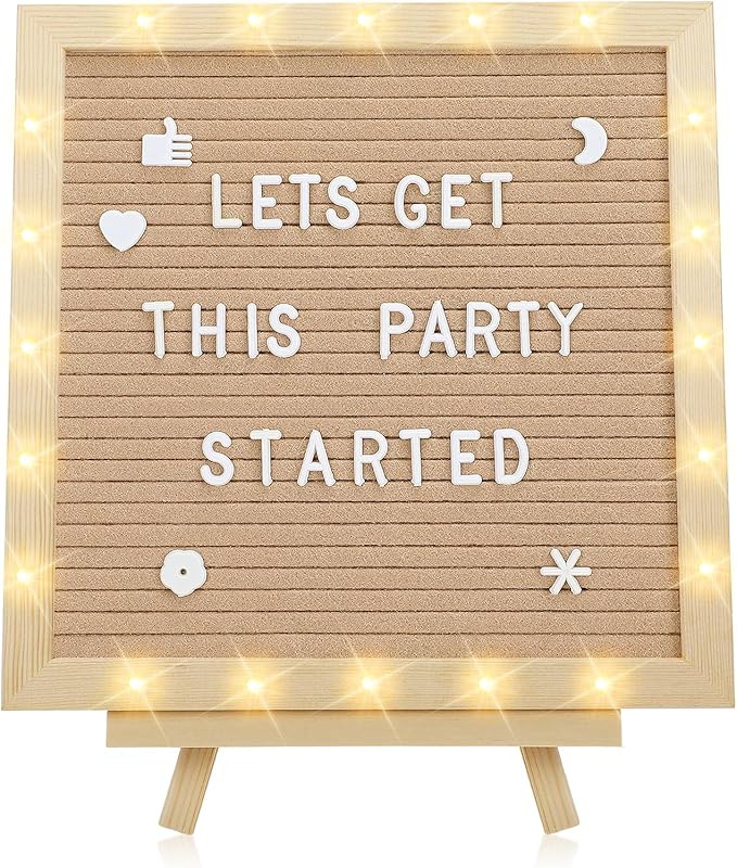 Changeable Felt Letter Board with LED Lights - 10×10" Message Custom Signs & Wood Stand & 450 Letters, Poster Board for Valentine's Day/Baby/Pregnancy Announcement/Classroom Wall Decor Gifts, Camel
