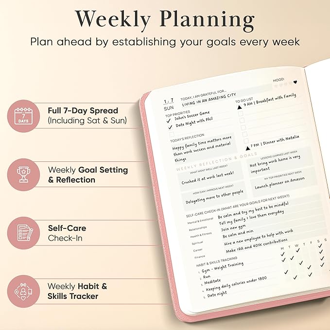Mantra Planner 2026 Planner, Daily Journal & Gratitude Journal All-In-One with To Do List, Self Care Prompts & Habit Tracker - 7 x 10 - Pink