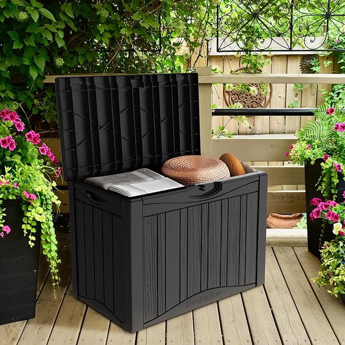 Yardgrace 50 Gallon Lockable Resin Outdoor Storage Box, Waterproof & Weather Resistant Deck Box for Patio Cushion, Garden Tools & Pool Accessories, Black