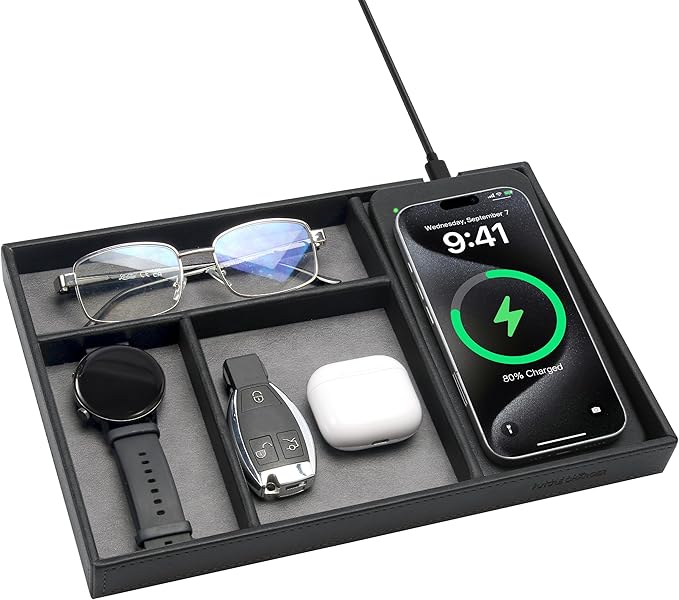 Valet Tray, Built in Wireless Charging Pad, Nightstand Organizer, Two-Toned Premium Vegan Leather Desk Bedside Caddy Organizer Tray for Keys, Watch, Wallet, Jewelry (Black+Gray)