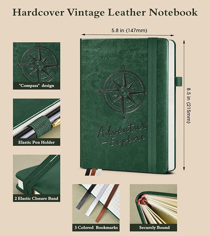PAIBAS Graph Notebook for Women Men, 160 Pages Grid Paper, Graphing Notebooks for School, Work, Quad Ruled, Inner Pocket, A5 Hardcover Vintage Leather Journals for Writing, 5.8"x8.5" (Green)