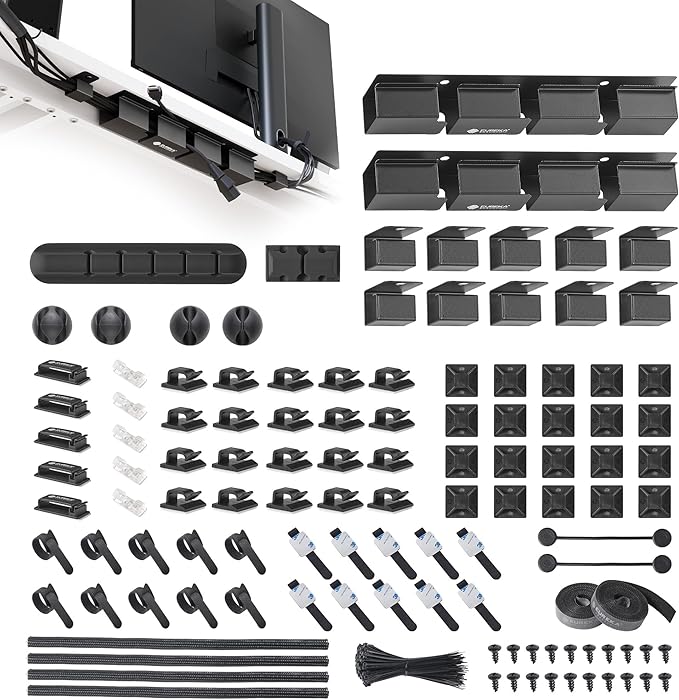 EUREKA ERGONOMIC Metal 316 PCS Cable Management Organizer Kit Cable Raceways, 6 Cable Holder, 4 Cord Sleeve, 60 Wire Clips, 2 Roll Self Adhesive Wire Ties, 100 Zip Ties Under PC Desk, Black