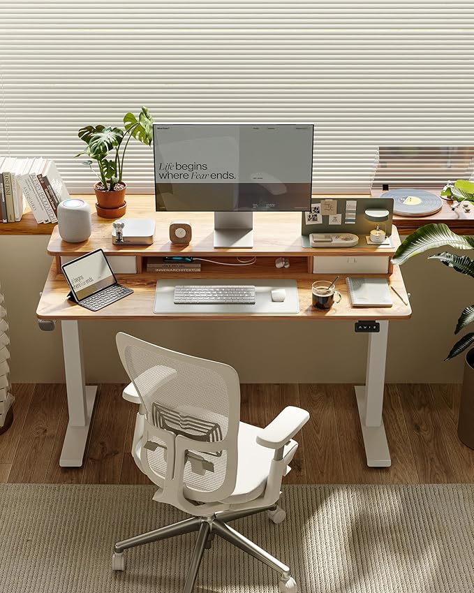 FEZIBO 48'' x 24'' Standing Desk with Double Drawers, Adjustable Desk, Home Office Stand Up Table with 4 Height-Adjustable Feets & 2 Hooks, Light Rustic