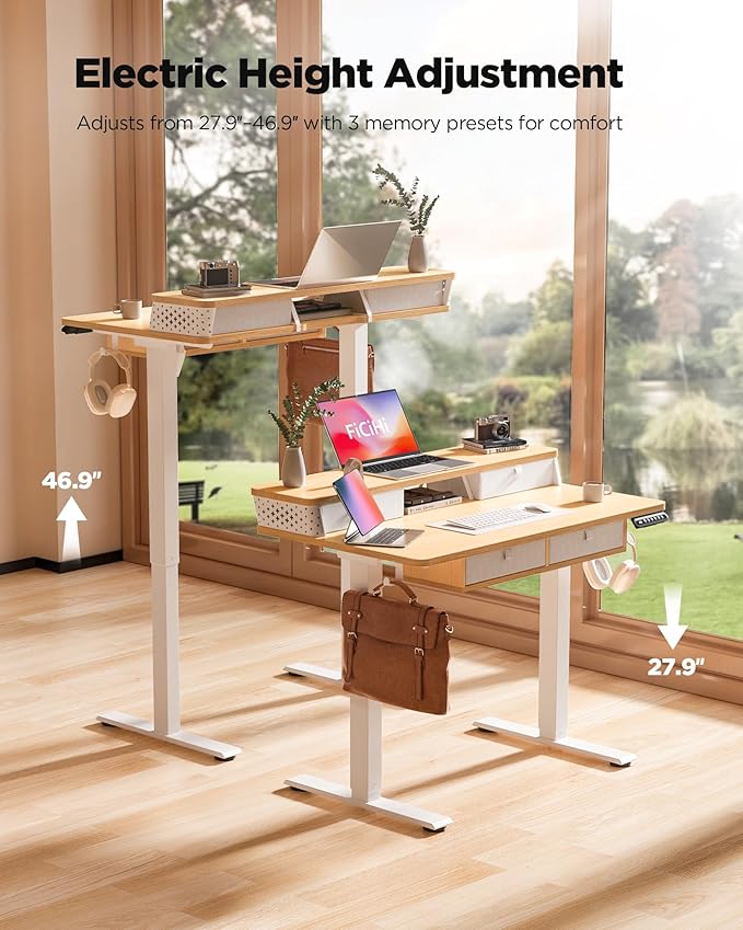 FiCiHi Electric Standing Desk with Four Drawers, Adjustable Height Sit Stand Desk, C-Clamp Compatible Home Office Desk with Storage Shelf & Monitor Stand Riser, 40 x 24 Inch, Maple
