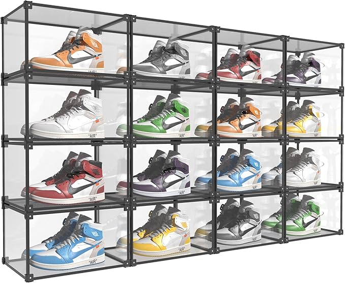 KOKOIN Transparent Plastic Storage Clear Shoe Display Case Box Organizer - Magnetic Side Open, 16PC (Black)