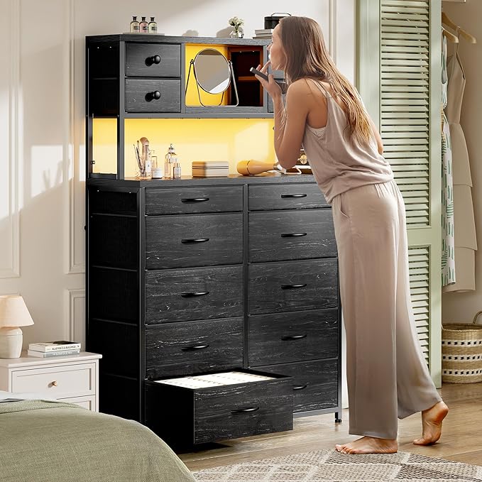 EnHomee Black Dresser with Multiple Fabric Drawers, Dresser for Bedroom with Charging Station and LED Lights,Dressers & Chests of Drawers for Bedroom, Steel Frame & Wooden Top, Entryway