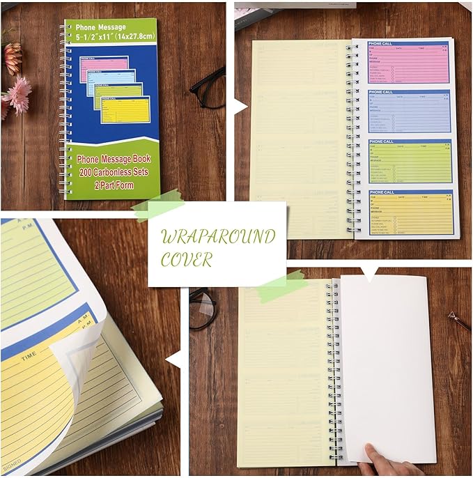 Sinmoe 10 Pcs Spiral Bound Phone Message Book with Carbon Copy 5-1/2" x 11" 2 Part Colorful Carbonless Telephone Message Pads Duplicate Spiral Phone Call Log Book for Business Office (Green,Blue)