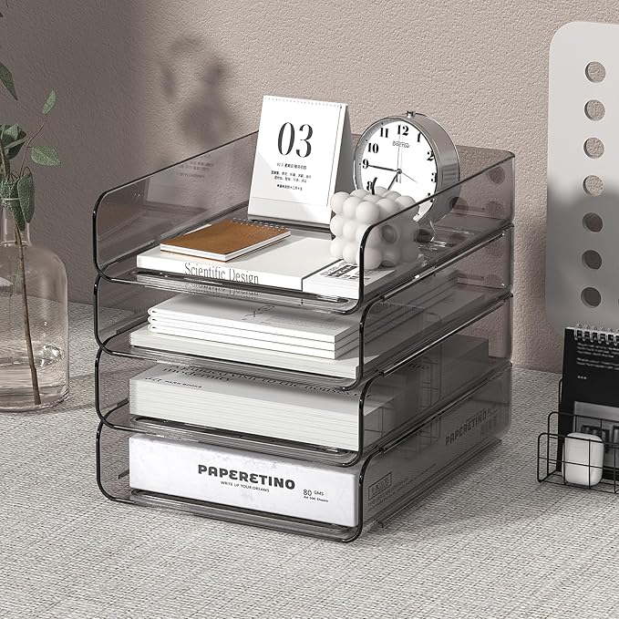 FANXIYQ Clear Paper Organizer - Brown Acrylic Stackable Paper Tray for Desk, 4-Tier Letter Tray Organizer with Smooth Edges and Rounded Corners
