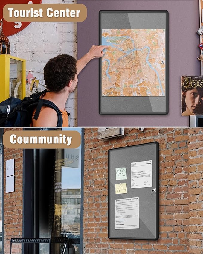 Mifuro 36"x24" Enclosed Bulletin Board, Lockable Weather-Resistant Aluminum Cork Noticeboard for School & Office, Black Frame w/Grey Flet
