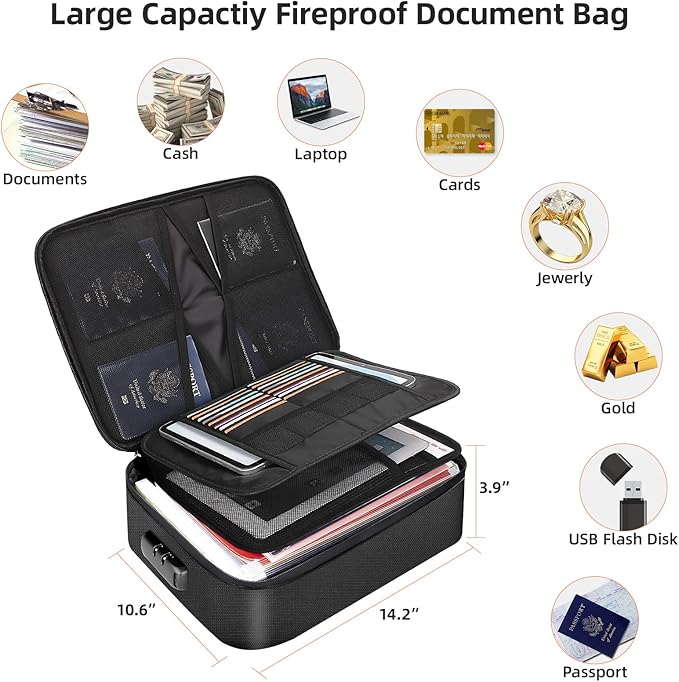 Fireproof Document Box for file organizer,Fireproof Bag for Important Document Organizer with Combination Lock,Portable Home Travel Safe Storage for Important Documents,Passports