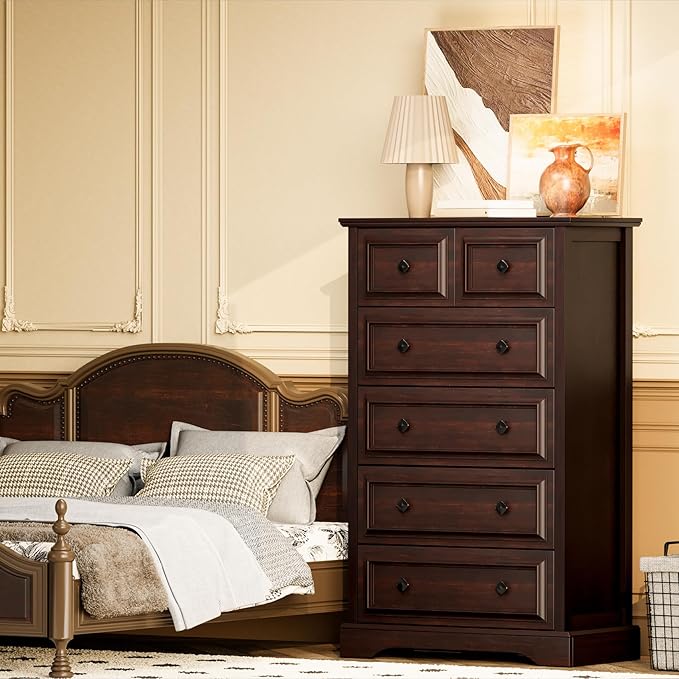 VVFLU Farmhouse 6 Drawer Dresser, 48" Tall Dresser Chest of Drawers with Natural Texture & Metal Handles, Storage Dressers Organizer for Bedroom, Living Room, Hallway, Vintage Design (Cherry)