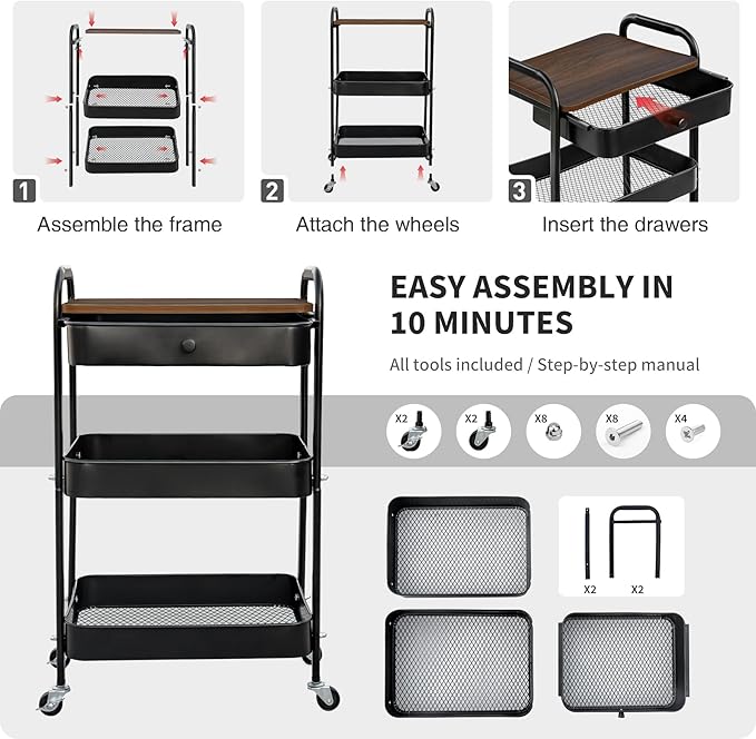 CAMOAT 3-Tier Rolling Storage Cart with Wooden Top and Drawer, Metal Mesh Mobile Utility Cart with Handle and Lockable Wheels, Multipurpose Organizer Trolley for Kitchen, Living Room, Bathroom,Office