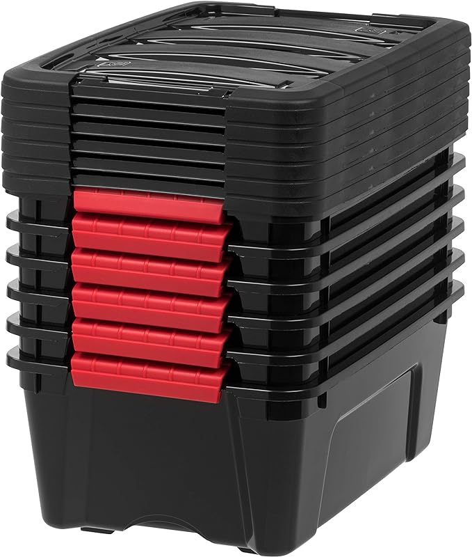 IRIS USA 13 QT Plastic Storage Box with Lid and Latches - 6 Pack - BPA-Free, Garage Organizing Solution, Durable Nestable Stackable Containers, Secure Pull Handle - Black