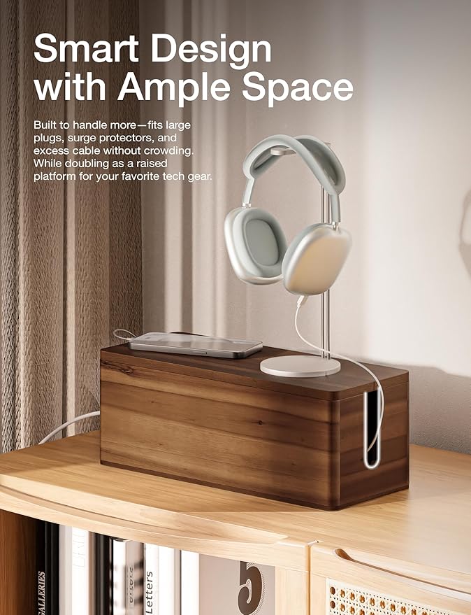 TIDITA Acacia Wood Large Cable Management Box Round Edge - 16" L Wooden Power Strip Box, Surge Protector Box - Cable Hider Box for Office, Living Room - 2 Open Slots, Magnetic Lid (Walnut Color)